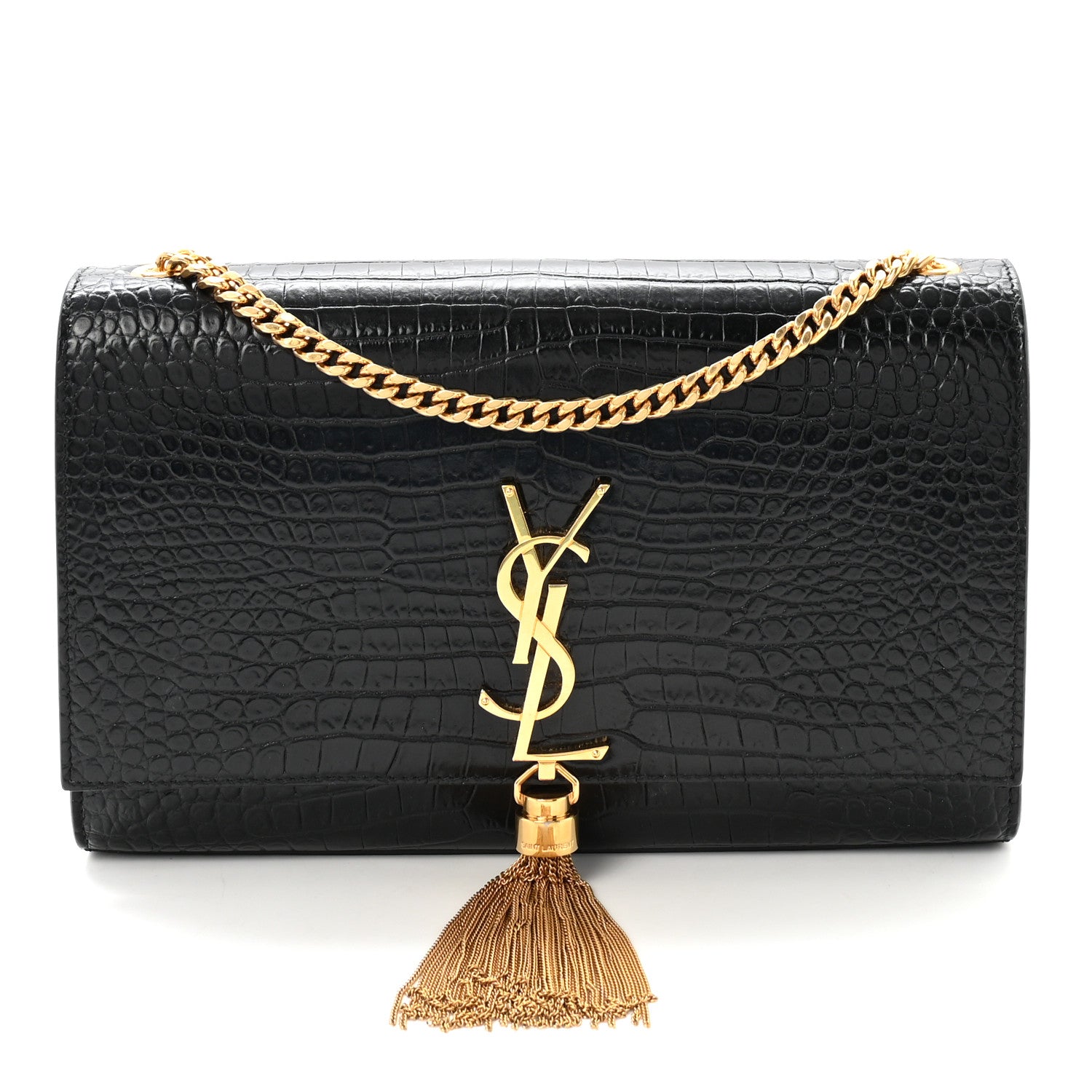 Saint Laurent Calfskin Crocodile Embossed Medium Classic Monogram Kate Tassel Satchel Black 1 of 9