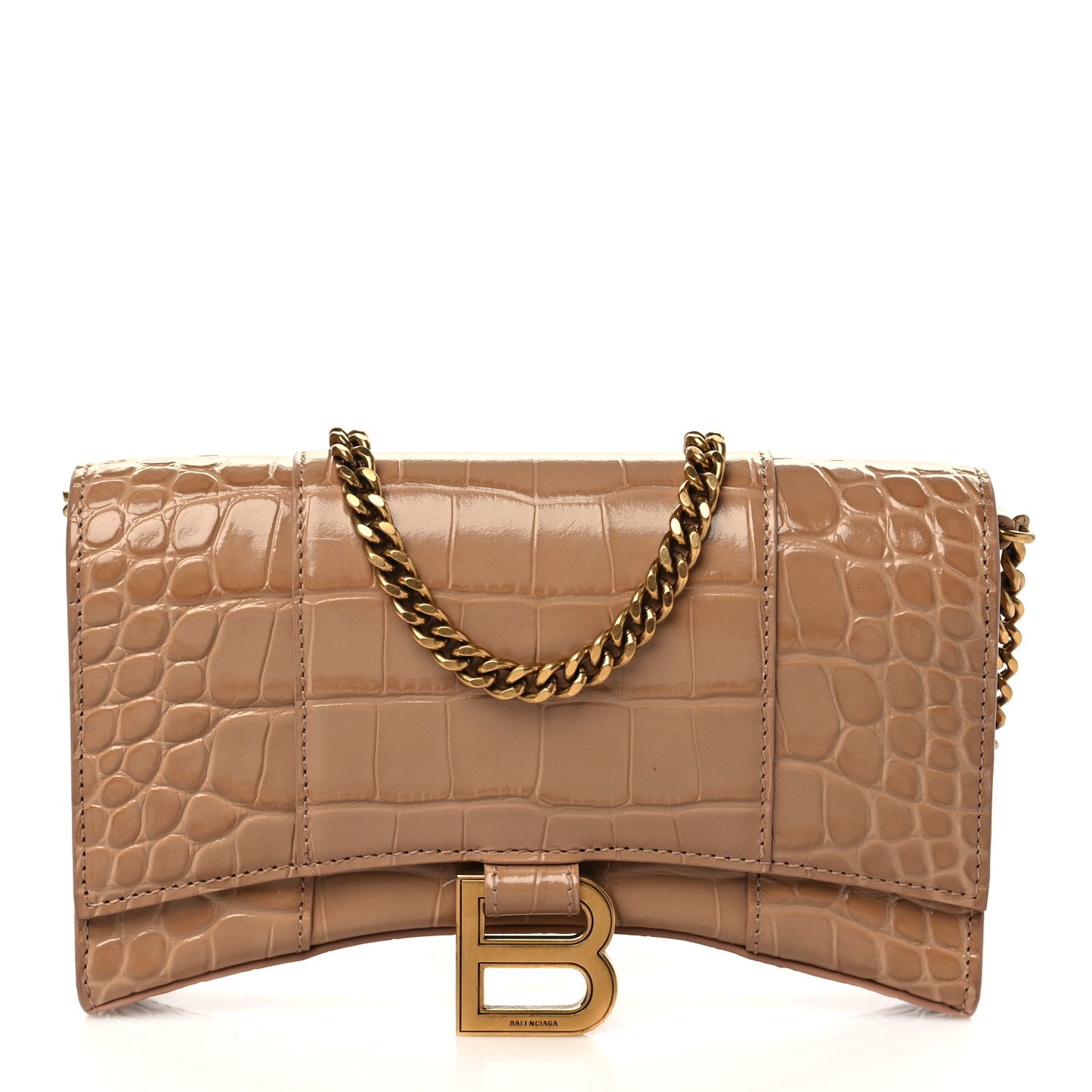 Shiny Calfskin Crocodile Embossed Hourglass Chain Bag Nude Beige