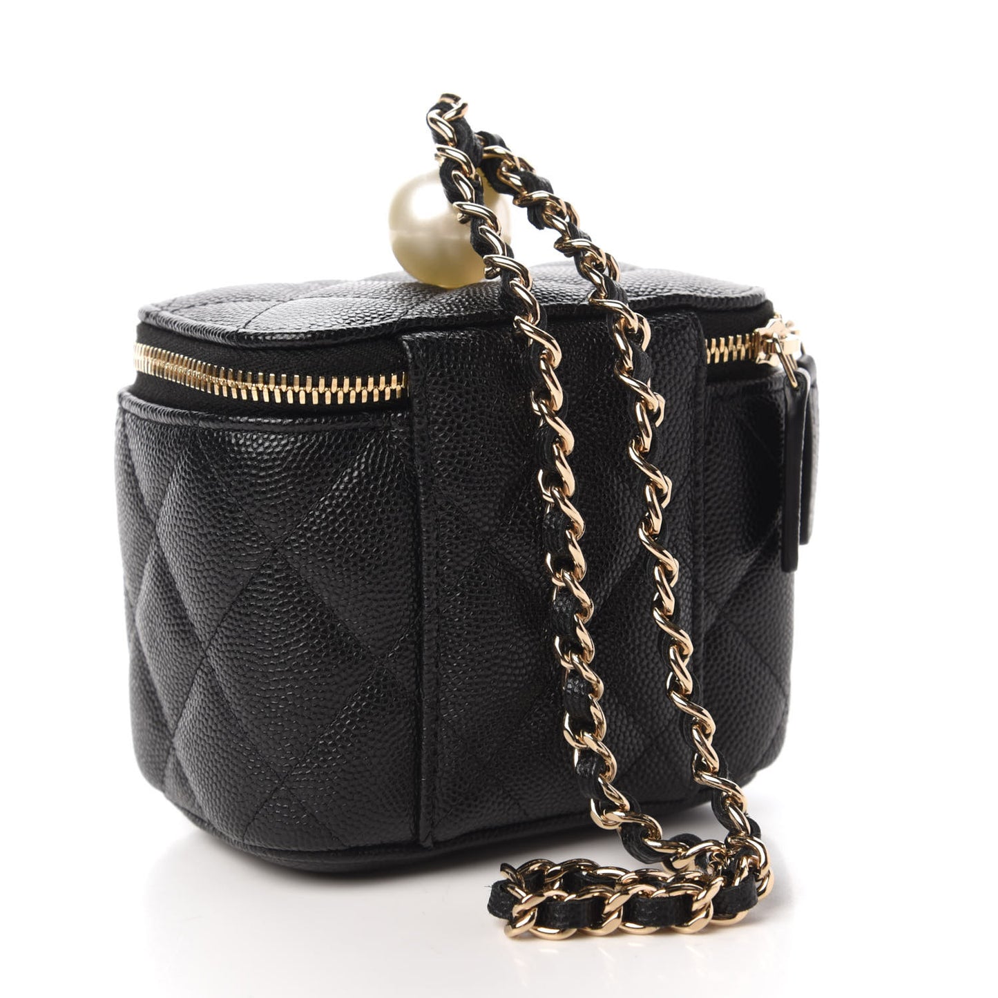 Caviar Quilted Mini Pearl On Top Vanity Case With Chain Black
