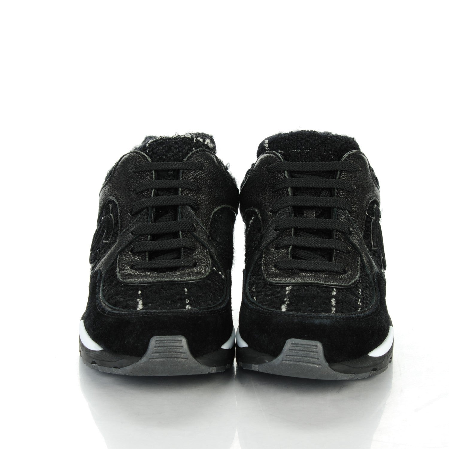 Chanel Suede Tweed Goatskin CC Sneakers 34.5 Black 2 of 8