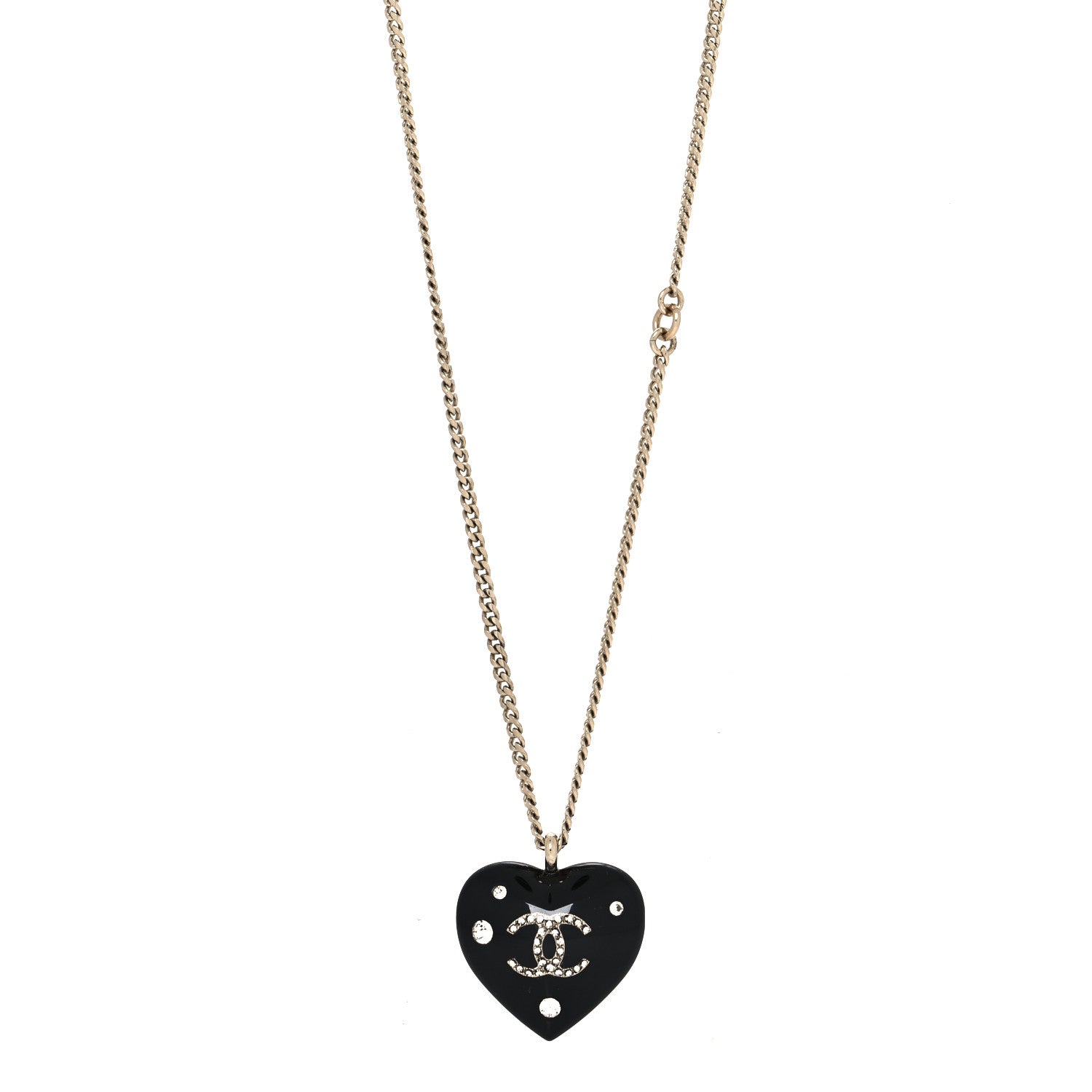 Chanel Resin Crystal CC Heart Necklace Black Gold 1 of 5