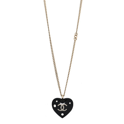 Chanel Resin Crystal CC Heart Necklace Black Gold 1 of 5