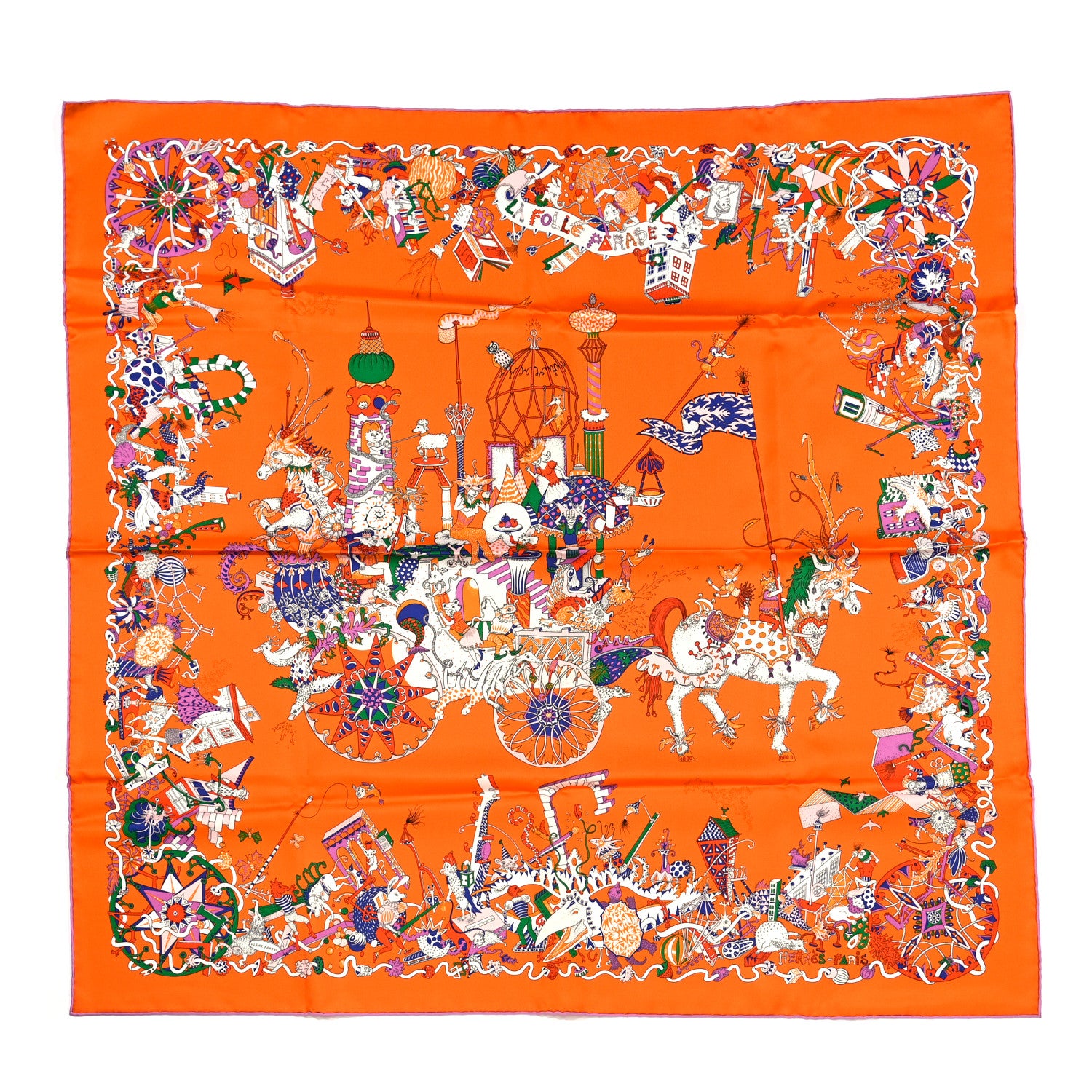 Hermes Silk La Folle Parade Scarf 90 Orange White Mauve 1 of 6