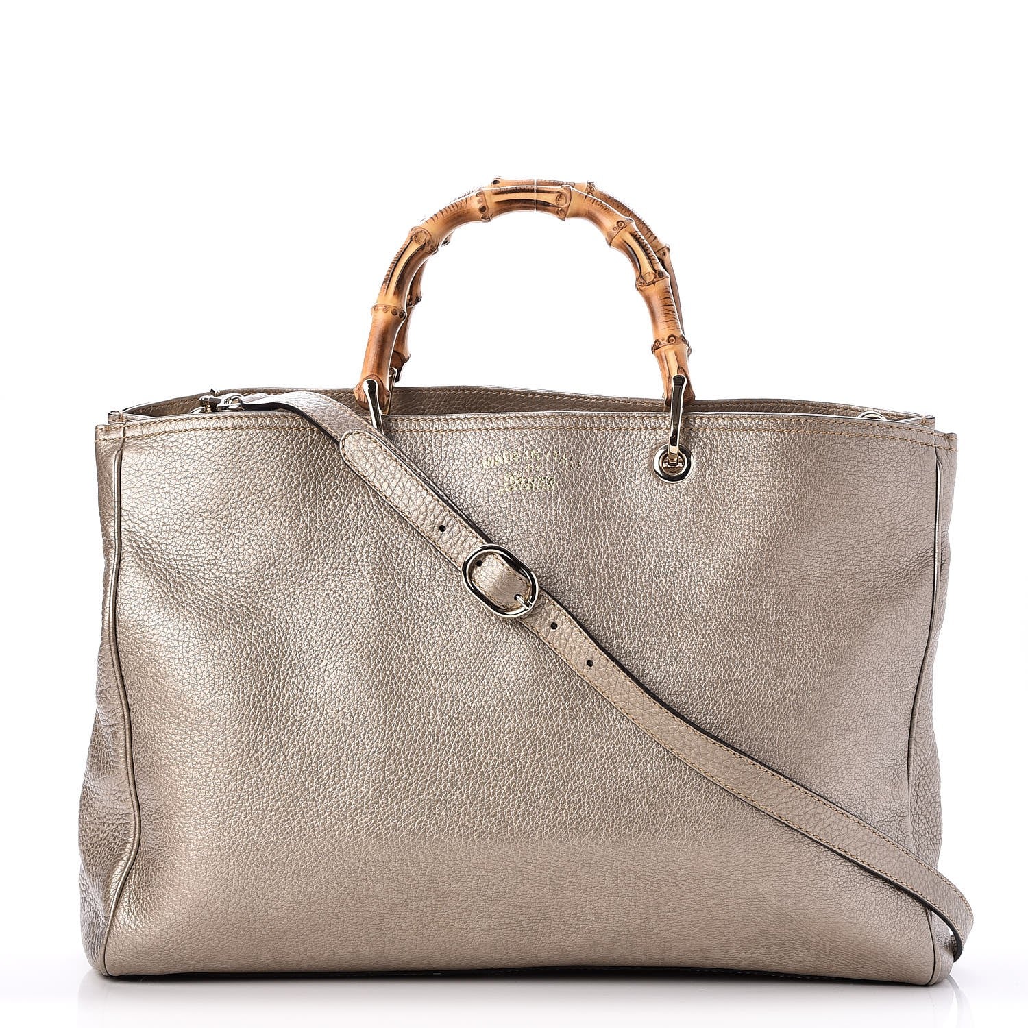 Gucci Metallic Pebbled Calfskin Large Bamboo Shopper Tote Golden Beige 1 of 10