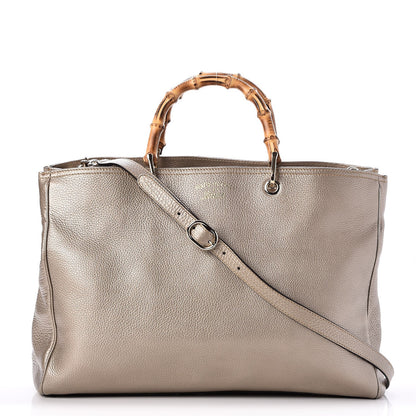 Gucci Metallic Pebbled Calfskin Large Bamboo Shopper Tote Golden Beige 1 of 10