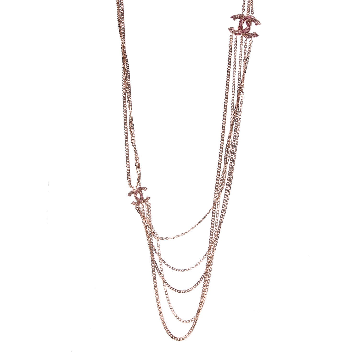 Chanel Baguette Crystal CC Multi Strand Chain Necklace Pink Gold 1 of 6