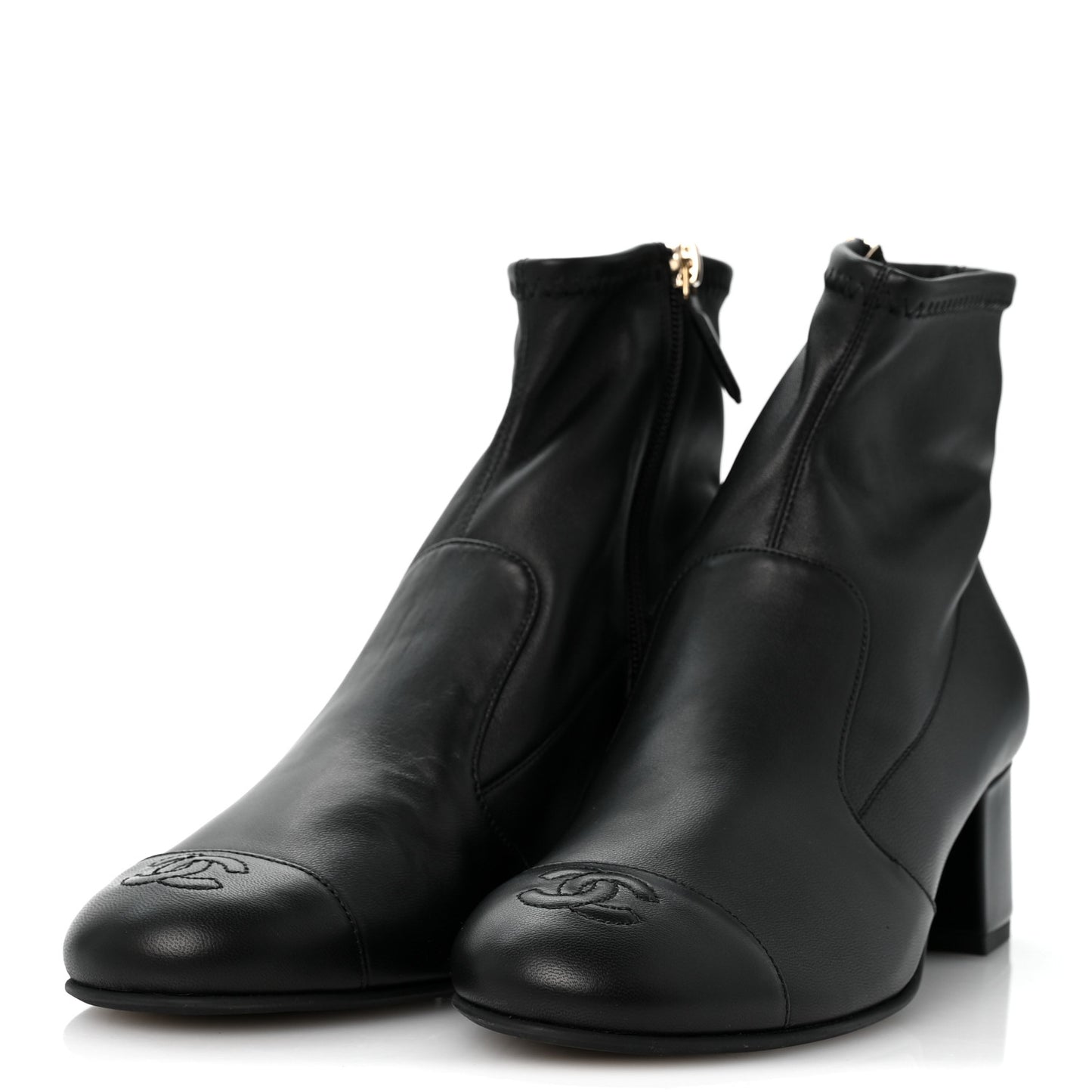 Stretch Lambskin Cap Toe CC Uniform Short Boots 38 Black