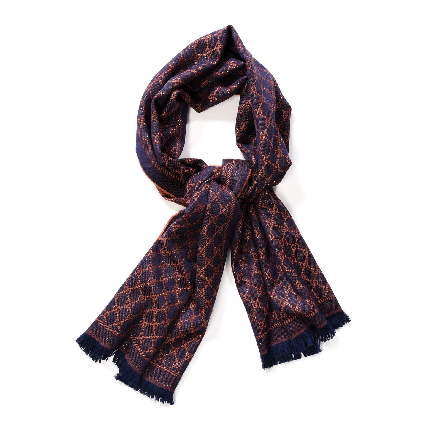 Wool Lame Jacquard GG Monogram Stenlux Scarf Midnight Blue Light Brown
