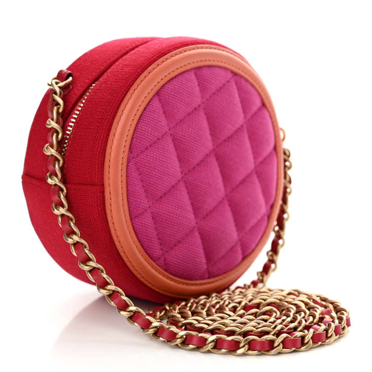 Jersey Quilted CC Filigree Round Clutch With Chain Pink Red Orange