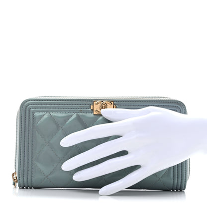 Chanel Metallic Patent Quilted Boy Zip Around Wallet Light Blue 2 of 13