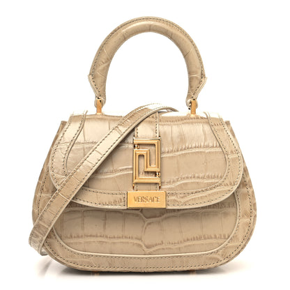 Versace Calfskin Crocodile Embossed Greca Goddess Mini Top Handle Bag Grey 1 of 9