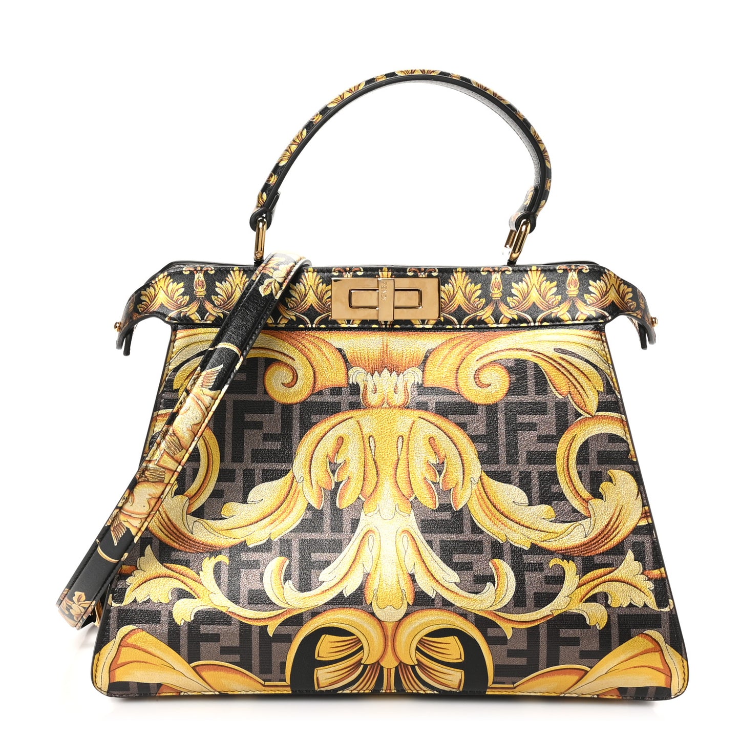 X VERSACE Vitello Seta Nappa Fendace FF Baroque Medium Peekaboo I SEE U Satchel Tobacco Black Gold