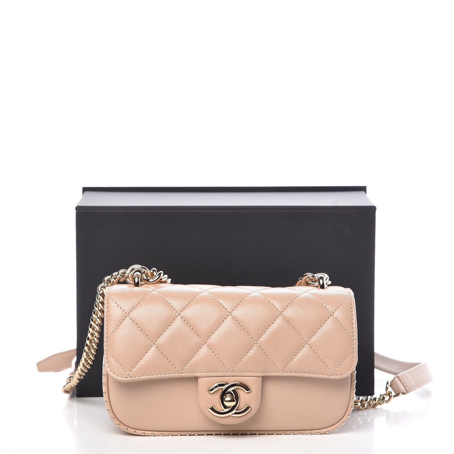 Caviar Quilted Mini Studded Flap Beige