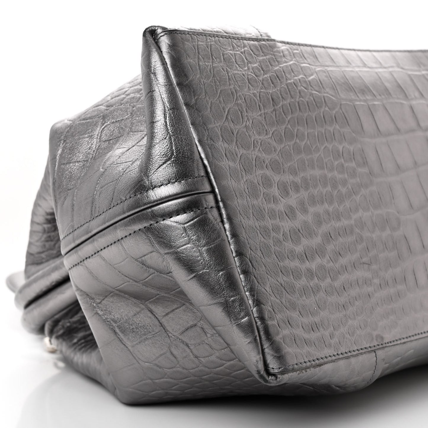 Extra Supple Calfskin Crocodile Embossed Large Editor Bag Silver
