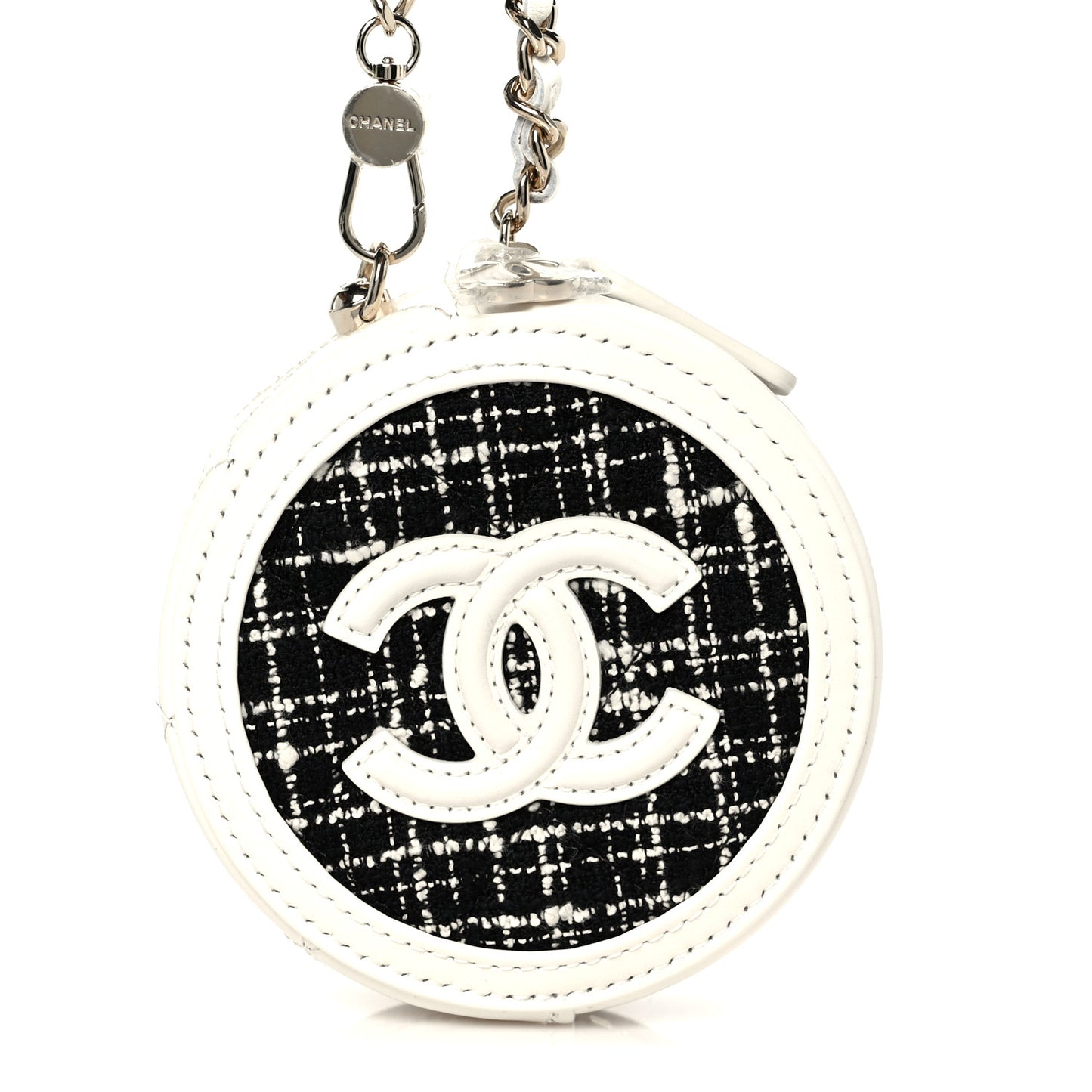 Tweed Quilted Round Filigree Pouch With Chain White Black