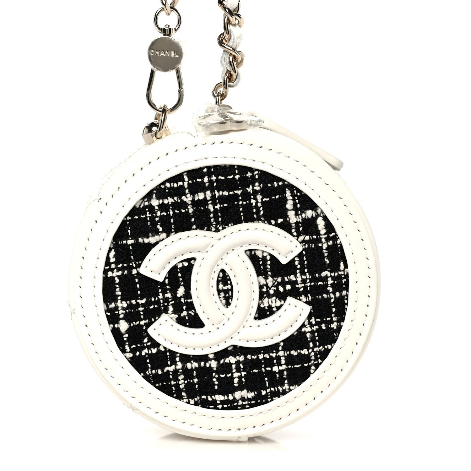 Chanel Tweed Quilted Round Filigree Pouch With Chain White Black 8 of 10