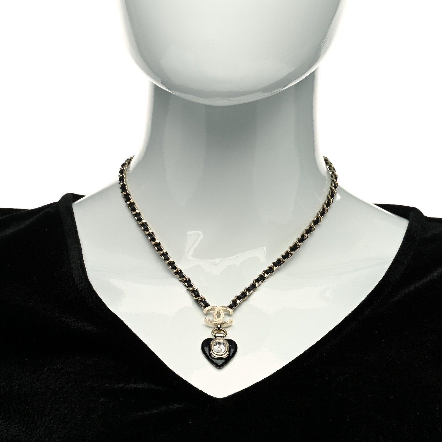 Chanel Lambskin Crystal Pearl CC Heart Drop Necklace Gold Black 2 of 5