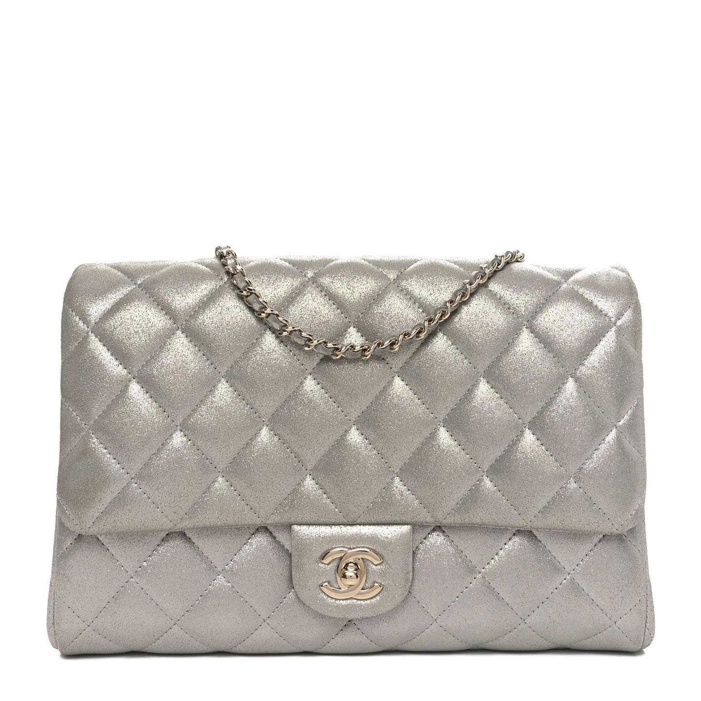 Iridescent Calfskin Quilted Clutch With Chain Flap Silver