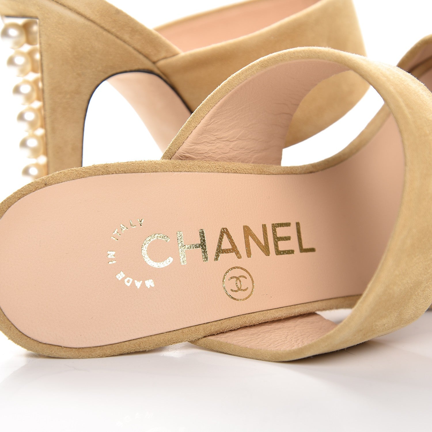Chanel Suede Pearl Heel Sandals 35 Beige 7 of 9