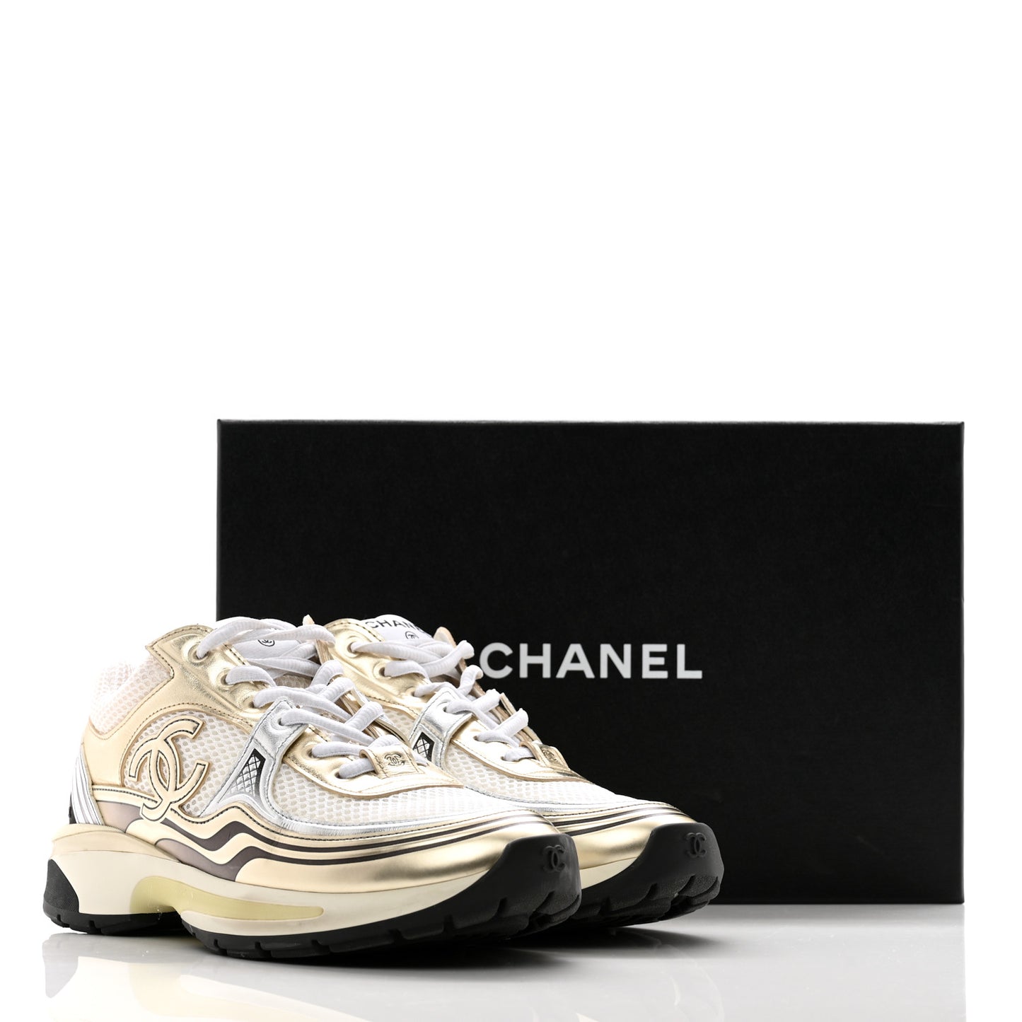 Fabric Laminated Calfskin Stretch CC Sneakers 39 White Gold Silver