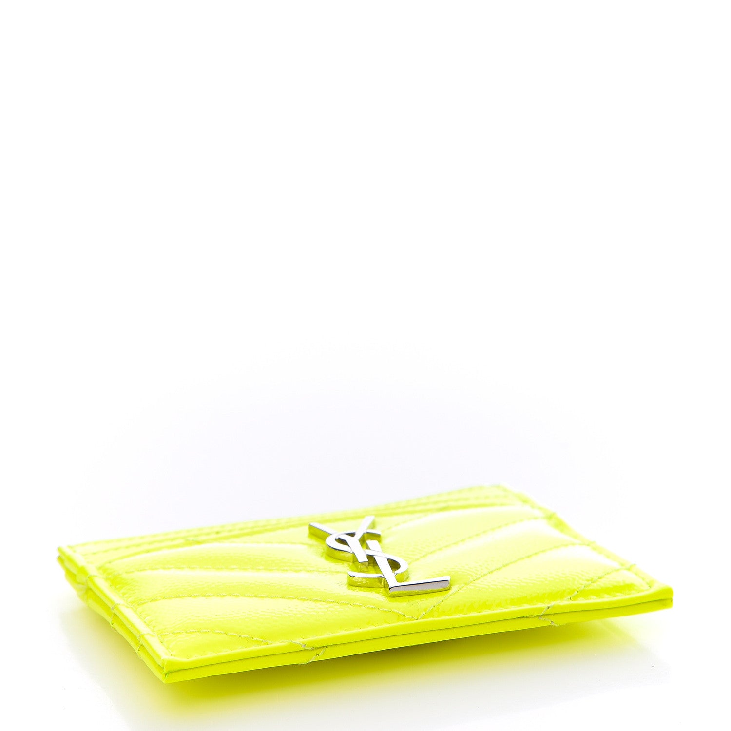 Saint Laurent Patent Grain De Poudre Matelasse Chevron Monogram Credit Card Case Neon Yellow 4 of 9