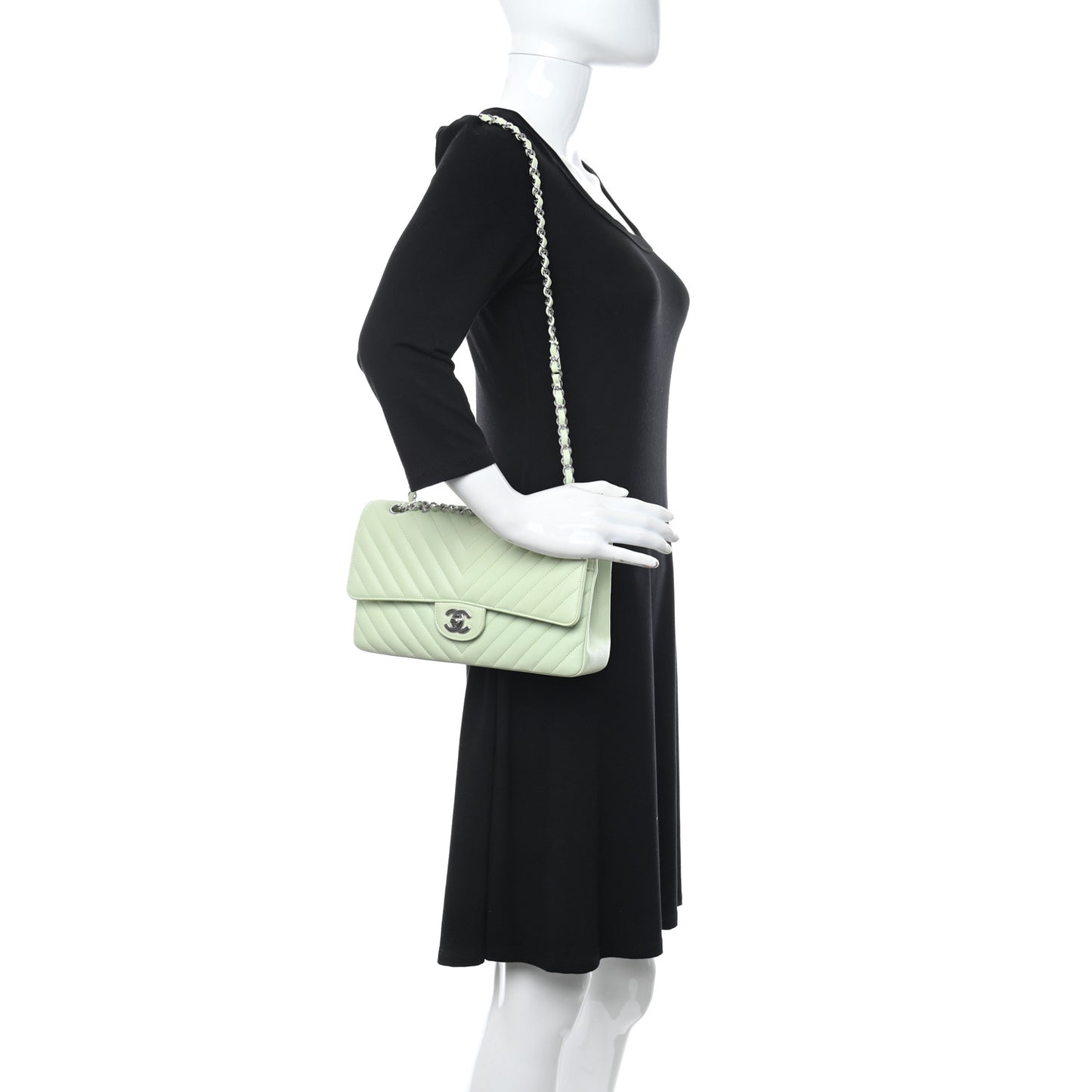 Calfskin Chevron Quilted Medium Double Flap Light Green