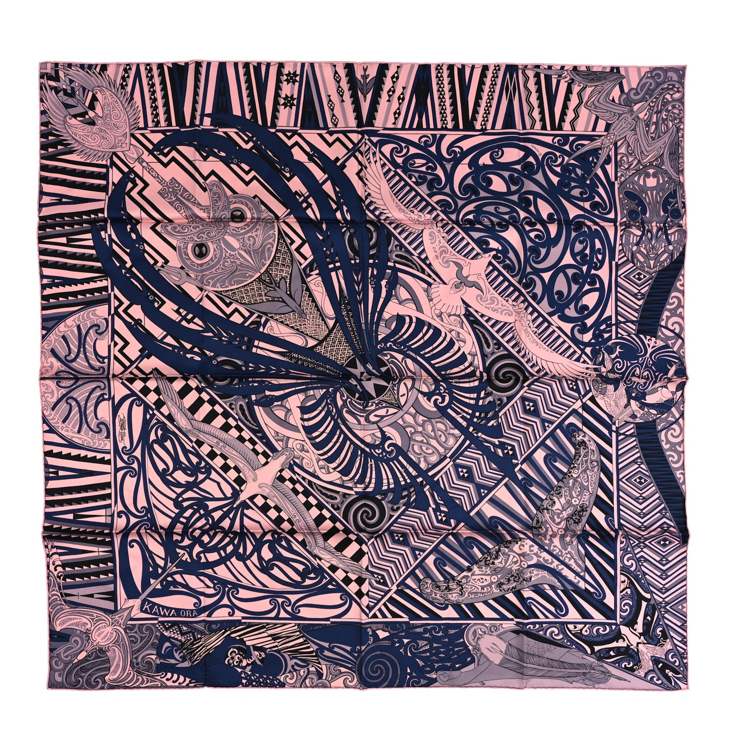 Silk Kawa Ora Scarf 90 Rose Thé Marine Black