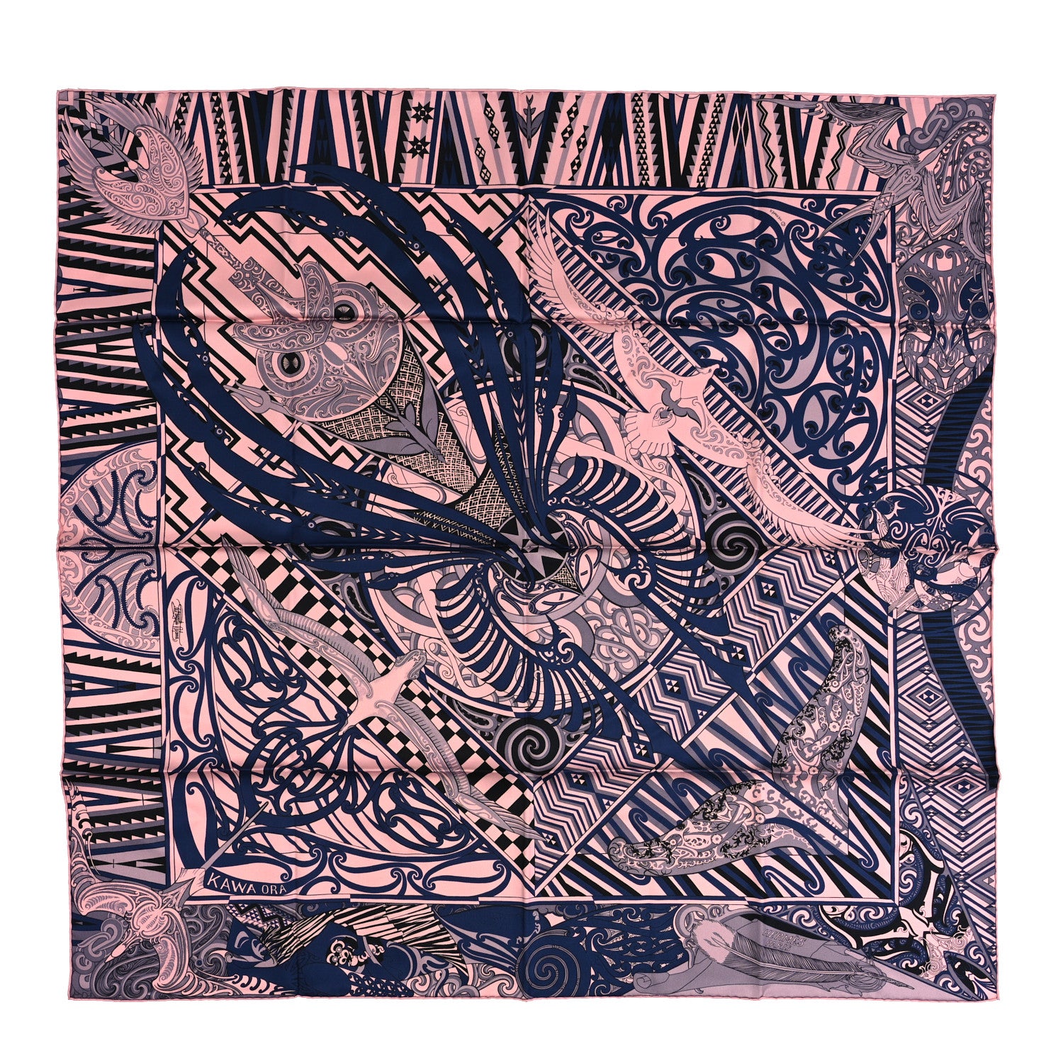 Hermes Silk Kawa Ora Scarf 90 Rose Thé Marine Black 1 of 4
