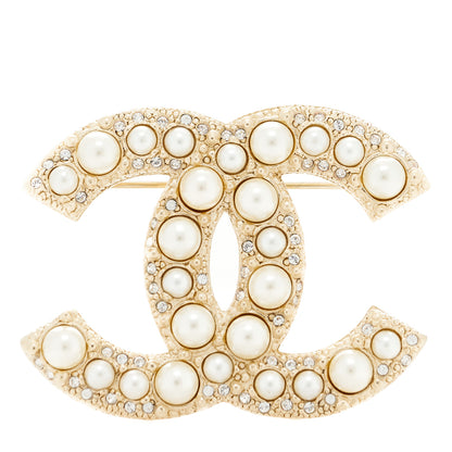Chanel Metal Crystal Graduated Pearl CC Brooch Gold 1 of 5