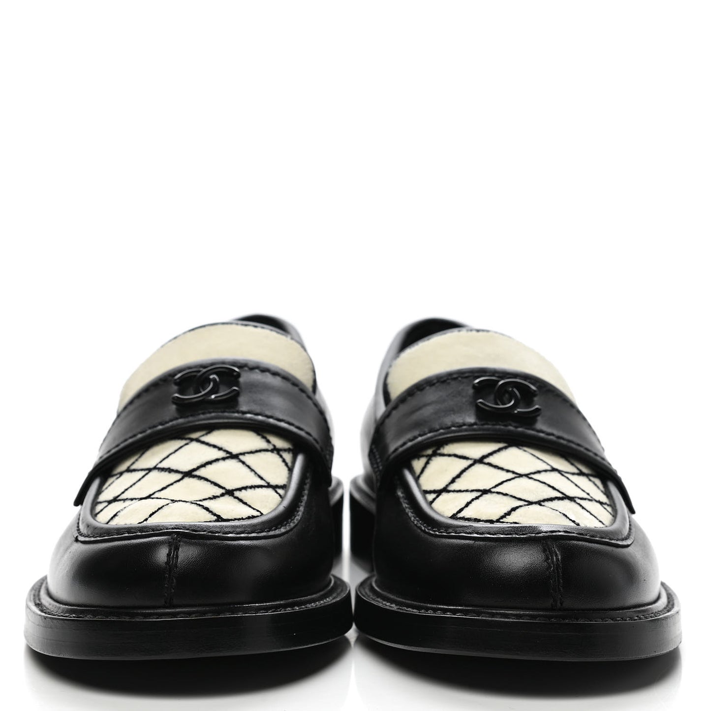 Calfskin Fabric Embroidered Quilted CC Loafers 37 Ivory Black