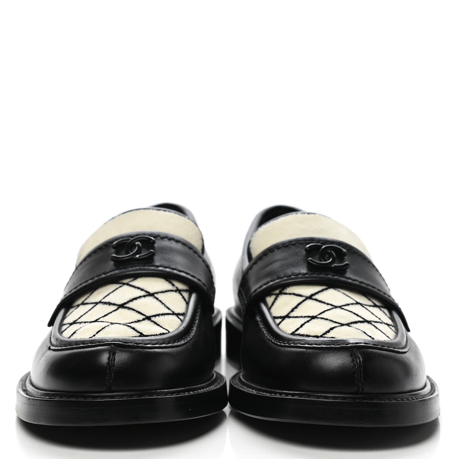 Chanel Calfskin Fabric Embroidered Quilted CC Loafers 37 Ivory Black 2 of 9