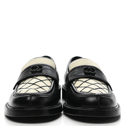Chanel Calfskin Fabric Embroidered Quilted CC Loafers 37 Ivory Black 2 of 9