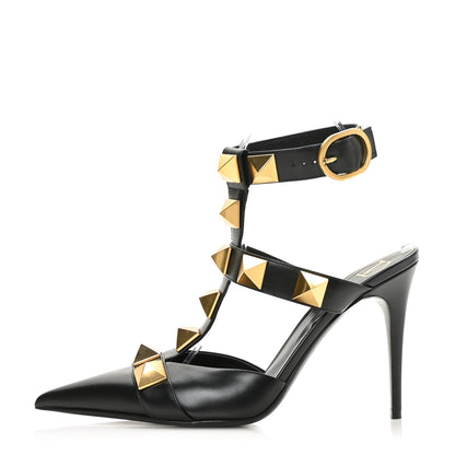 Valentino Garavani Calfskin Roman Stud Ankle Strap 100mm Pumps 37.5 Black 1 of 8