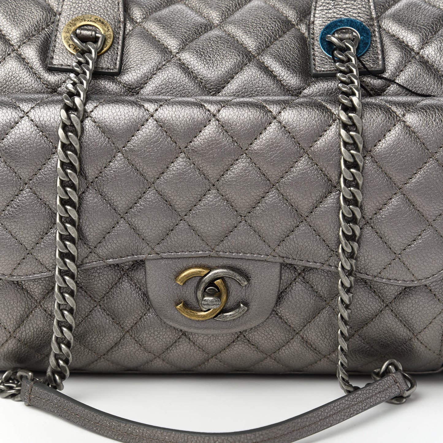 Metallic Grained Calfskin Quilted Large Casual Pocket Bowling Bag Silver