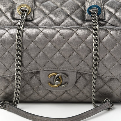 Chanel Metallic Grained Calfskin Quilted Large Casual Pocket Bowling Bag Silver 10 of 12