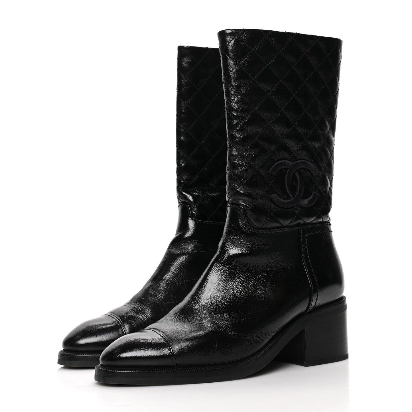 Shiny Crumpled Calfskin Quilted CC High Boots 37.5 Black