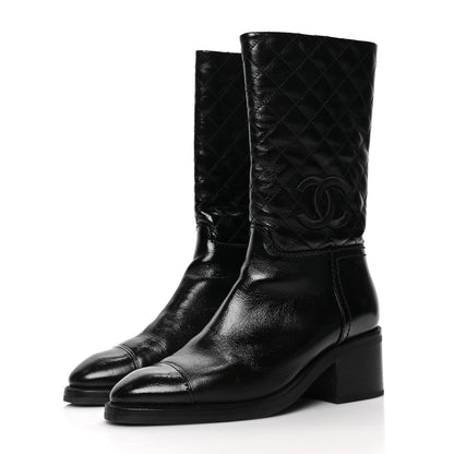 Chanel Shiny Crumpled Calfskin Quilted CC High Boots 37.5 Black 3 of 7