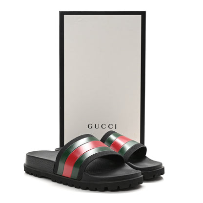 Gucci Rubber Web Mens Lug Sole Slide Sandals 8 Black Green Red 9 of 9