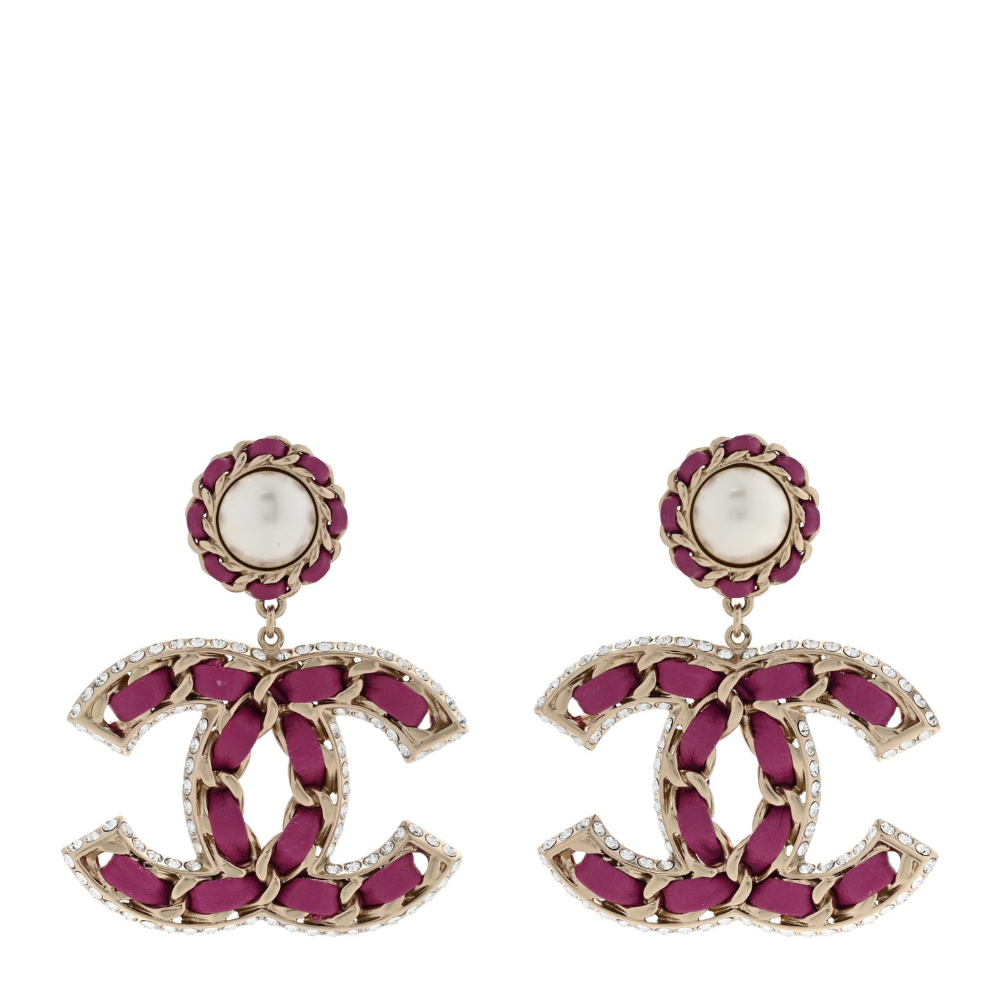Pearl Lambskin Crystal Chain CC Drop Earrings Pink