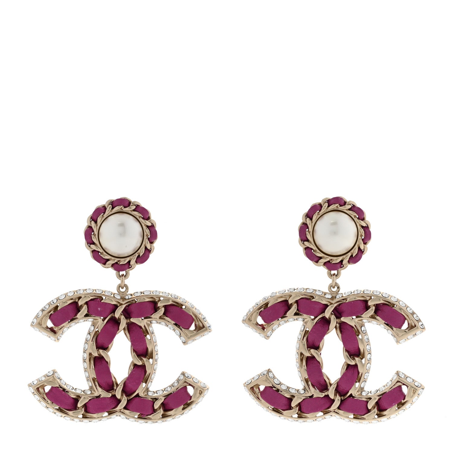 Chanel Pearl Lambskin Crystal Chain CC Drop Earrings Pink 1 of 6