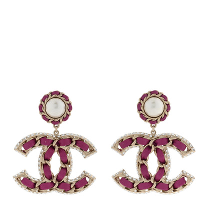 Chanel Pearl Lambskin Crystal Chain CC Drop Earrings Pink 1 of 6