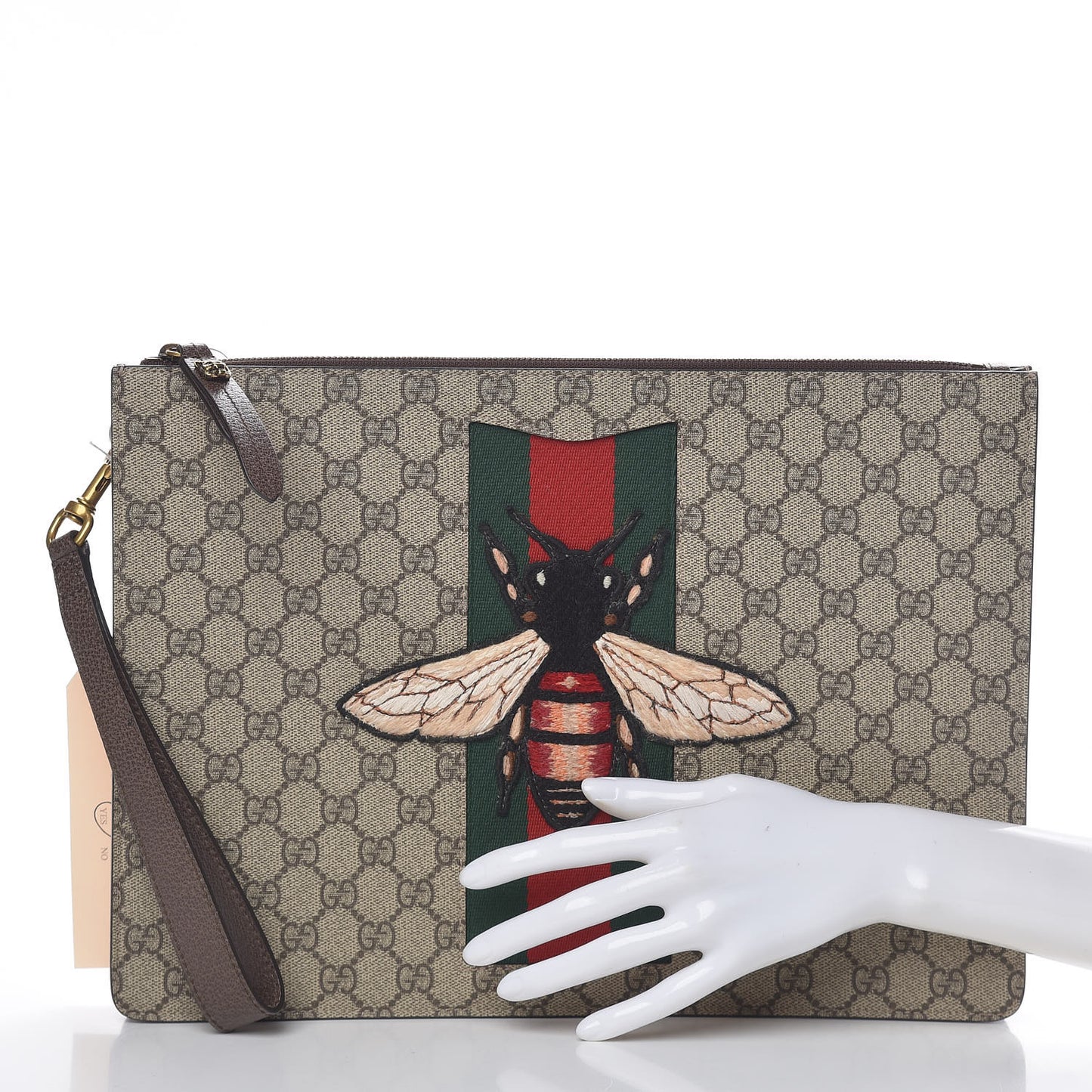 GG Supreme Monogram Web Animalier Bee Embroidered Medium Documents Holder Beige New Acero