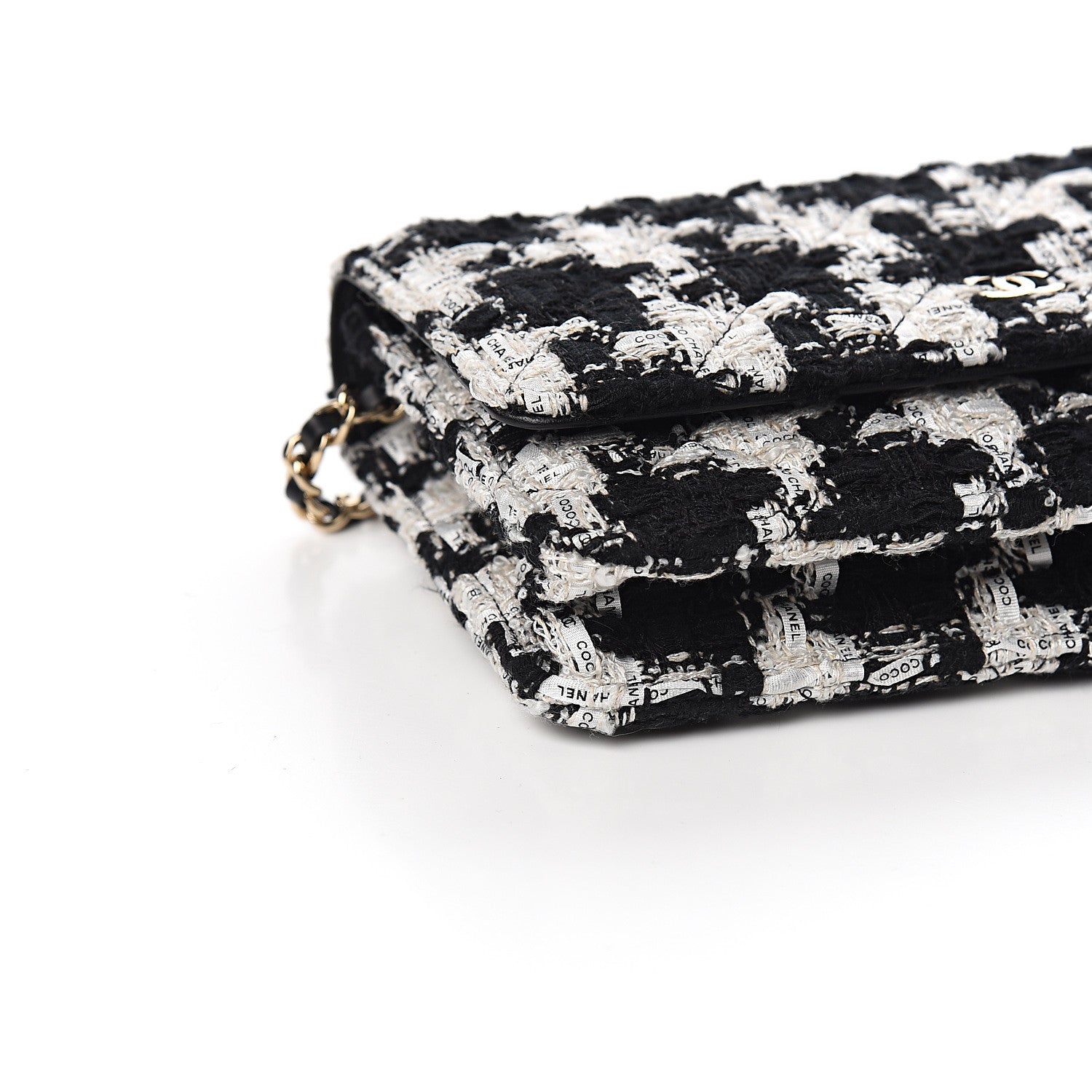 Chanel Tweed Quilted Wallet On Chain WOC Black Ecru White 8 of 11