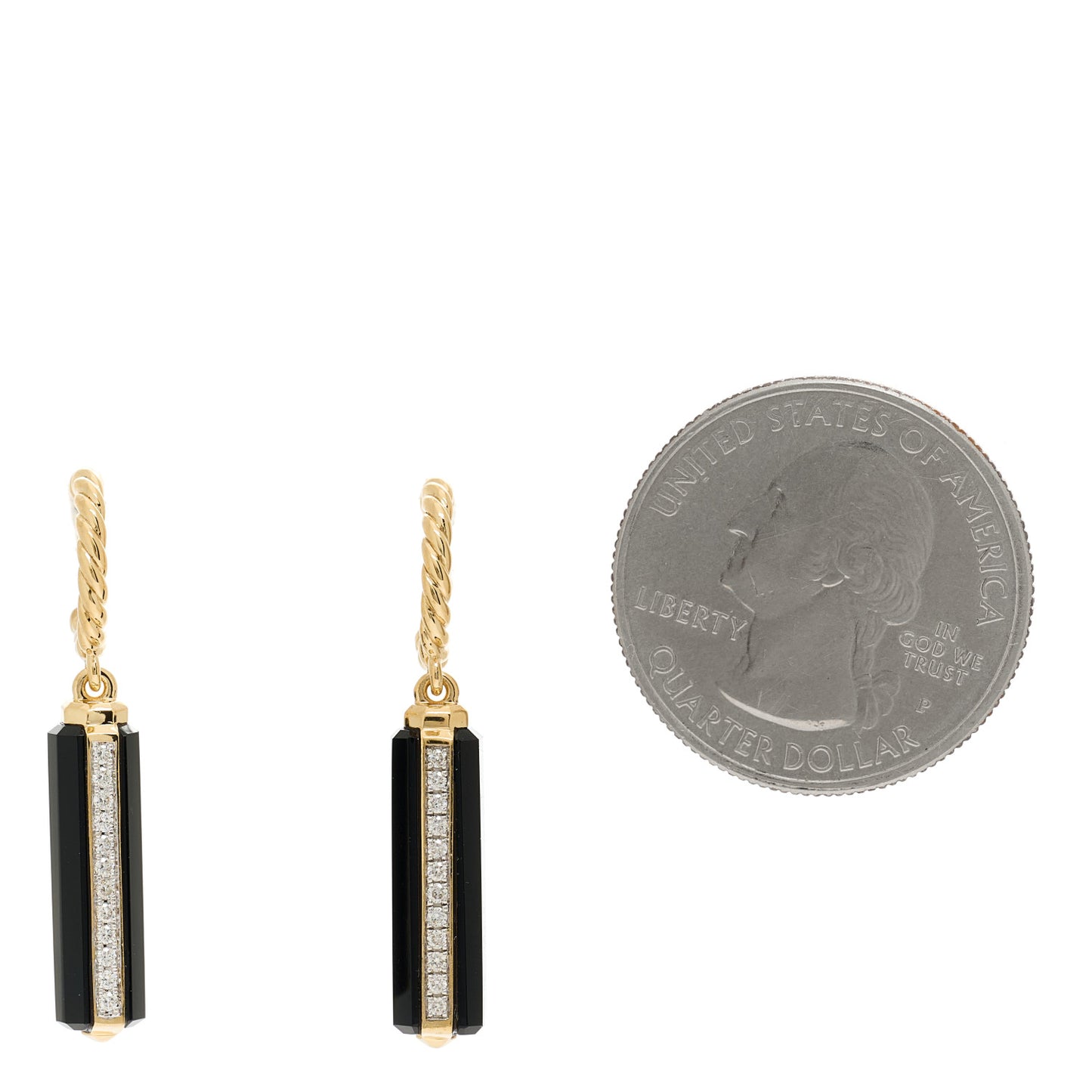18K Yellow Gold Diamond Black Onyx Lexington Barrel Drop Earrings