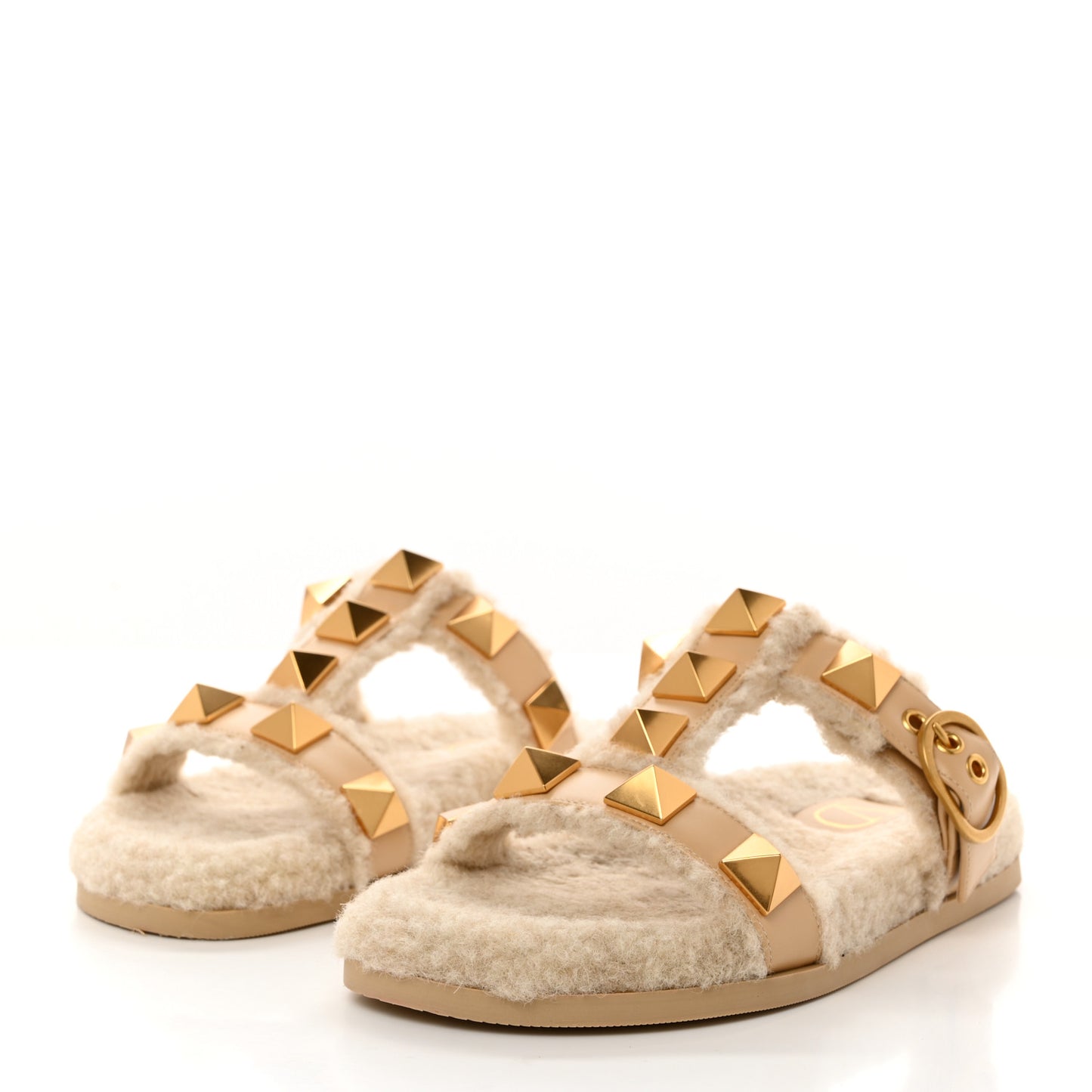 Shearling Roman Stud Slide Sandals 36 Sahara Beige