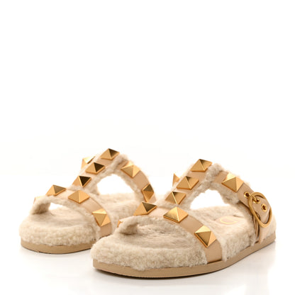 Valentino Garavani Shearling Roman Stud Slide Sandals 36 Sahara Beige 3 of 8