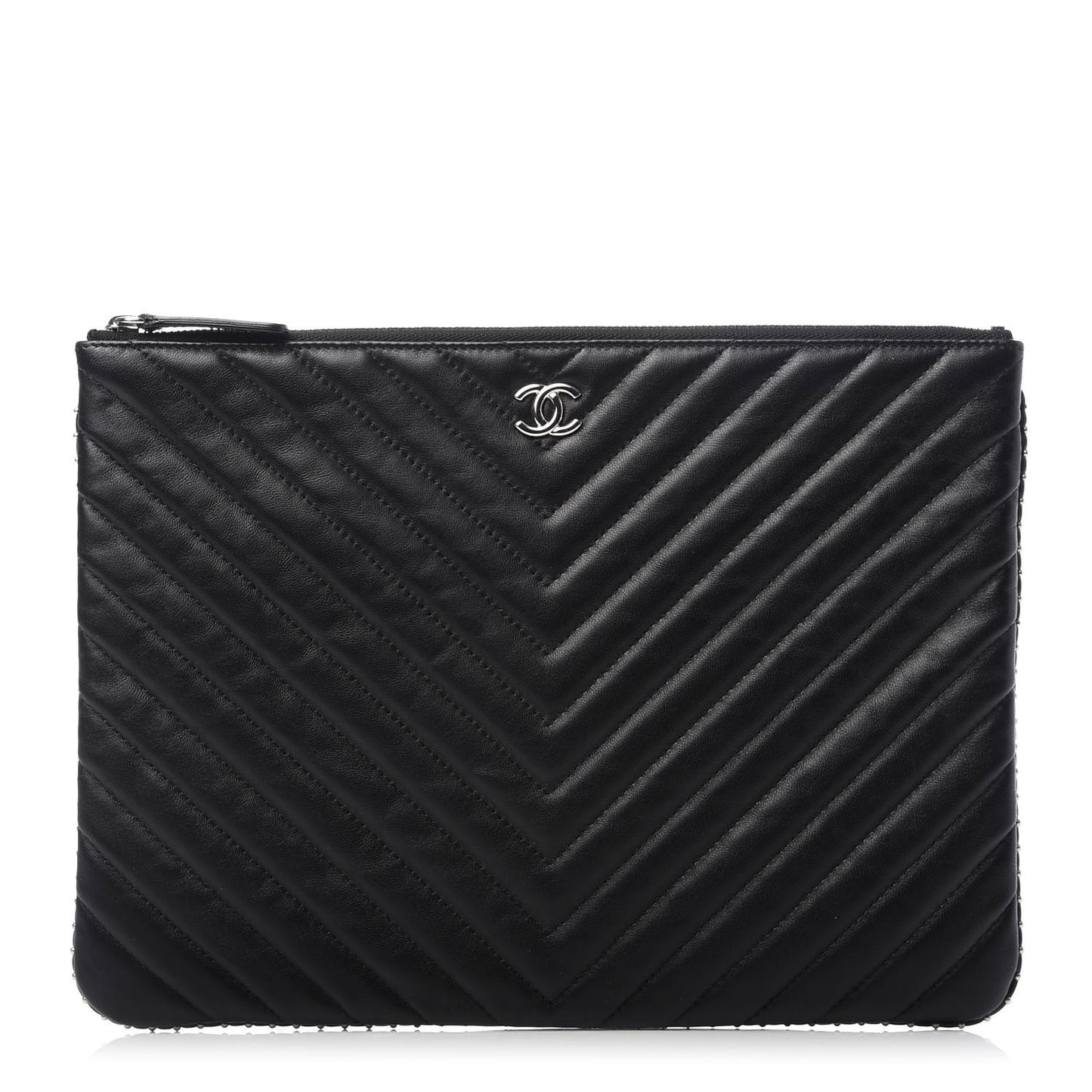 Lambskin Chevron Quilted Studded Medium Cosmetic Case Black