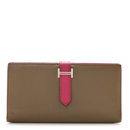 Hermes Chevre Mysore Bi-Color Bearn Gusset Wallet Etoupe Rose Shocking 1 of 12