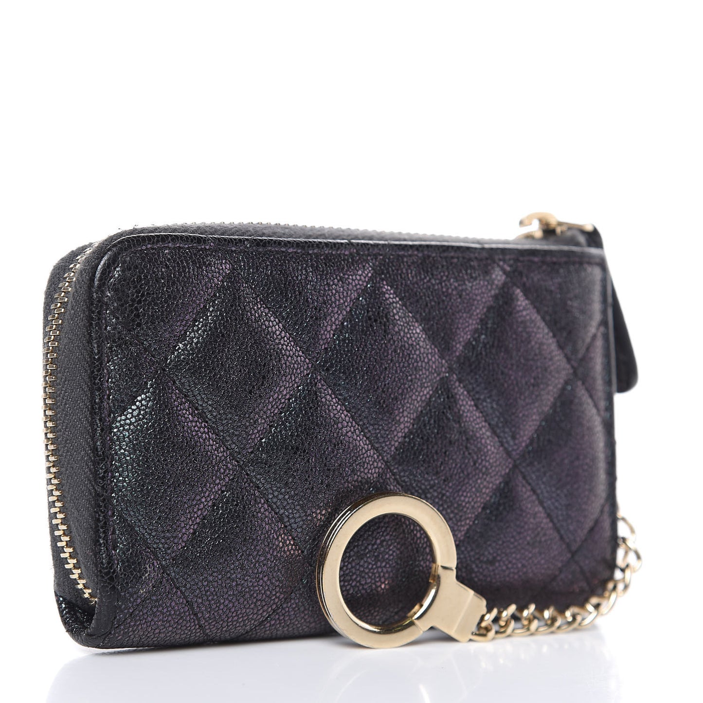 Iridescent Caviar Quilted Zipped Key Holder Case Black