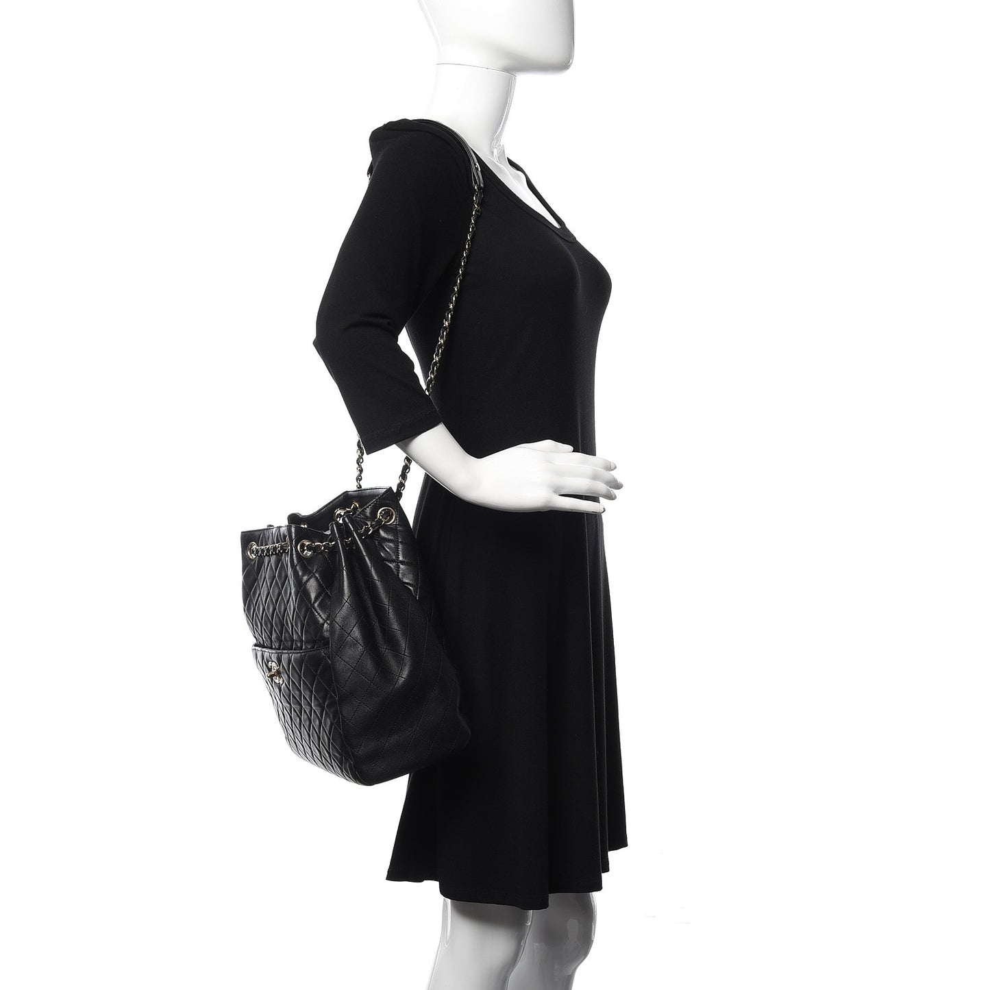 Lambskin Quilted Large Drawstring Bag Black
